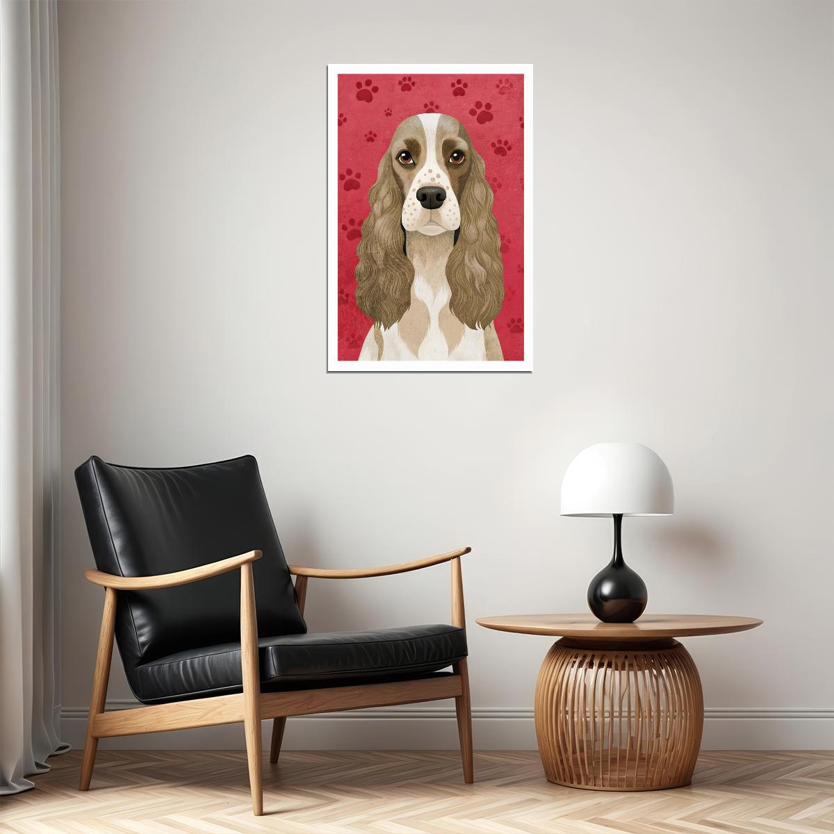 Classy Spaniel Dog Poster Wall Art Print Retro Pet Decor Red Background Whimsical Style Ideal for Dog Enthusiasts - xonomax