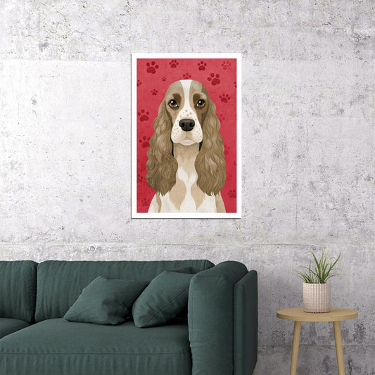 Classy Spaniel Dog Poster Wall Art Print Retro Pet Decor Red Background Whimsical Style Ideal for Dog Enthusiasts - xonomax