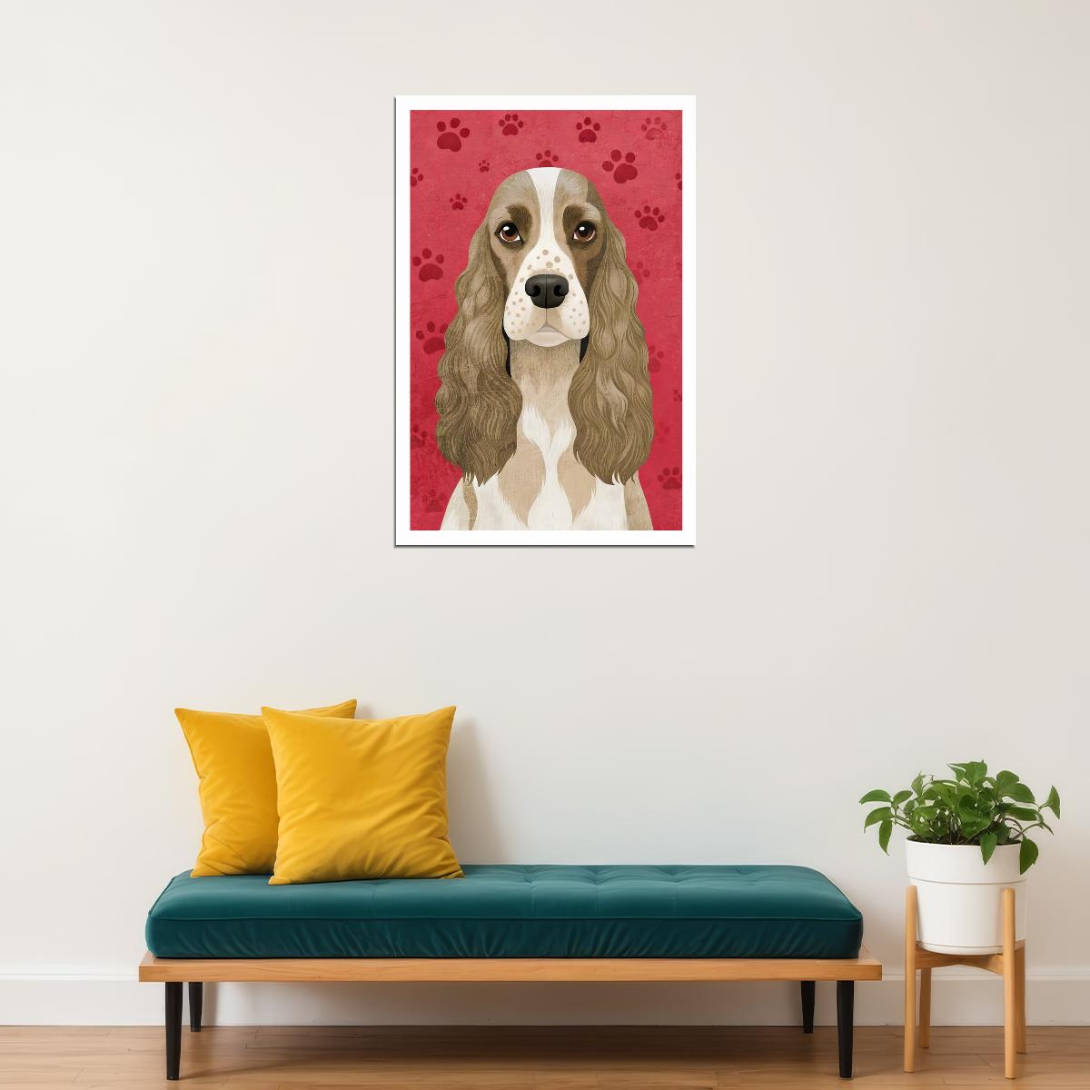 Classy Spaniel Dog Poster Wall Art Print Retro Pet Decor Red Background Whimsical Style Ideal for Dog Enthusiasts - xonomax