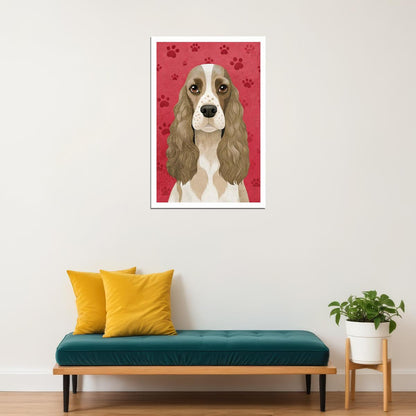 Classy Spaniel Dog Poster Wall Art Print Retro Pet Decor Red Background Whimsical Style Ideal for Dog Enthusiasts - xonomax