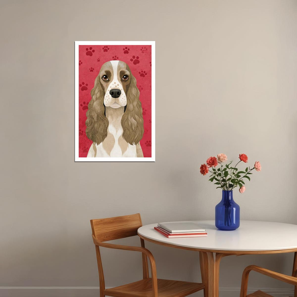 Classy Spaniel Dog Poster Wall Art Print Retro Pet Decor Red Background Whimsical Style Ideal for Dog Enthusiasts - xonomax