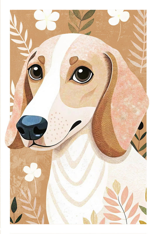 Gentle Hound Dog Poster Wall Art Print Botanical Pet Decor Warm Beige Background Perfect for Dog Lovers - xonomax