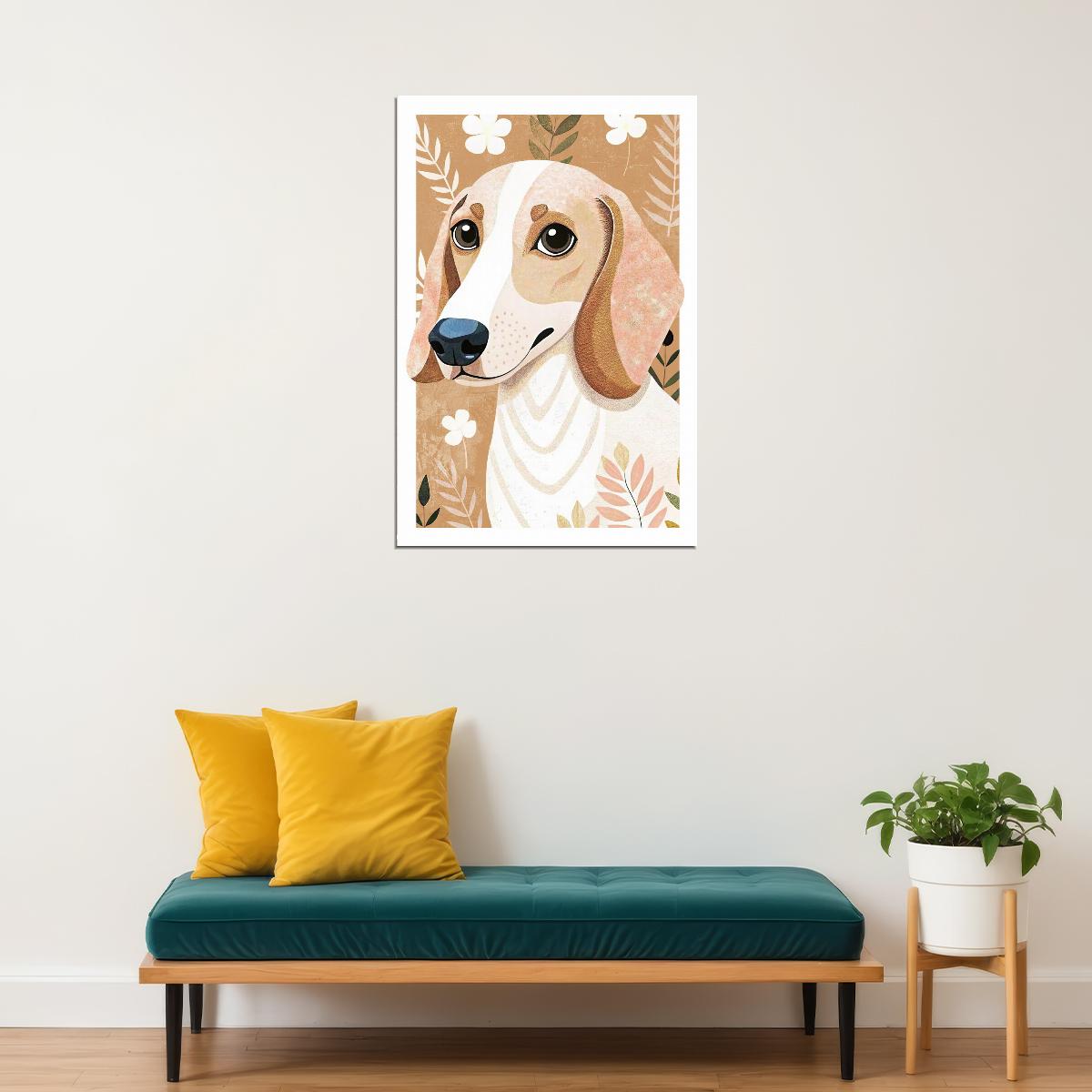 Gentle Hound Dog Poster Wall Art Print Botanical Pet Decor Warm Beige Background Perfect for Dog Lovers - xonomax