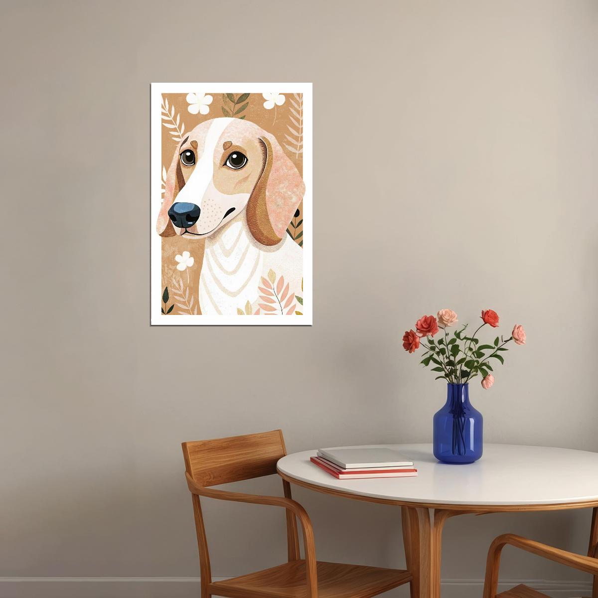 Gentle Hound Dog Poster Wall Art Print Botanical Pet Decor Warm Beige Background Perfect for Dog Lovers - xonomax