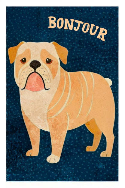 Bonjour Bulldog Dog Poster Wall Art Print French Style Cute Pet Decor Blue Background Unique Gift for Dog Lovers