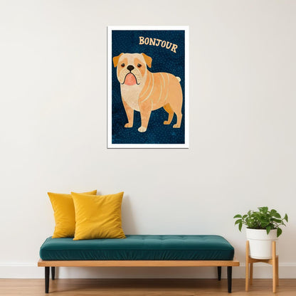 Bonjour Bulldog Dog Poster Wall Art Print French Style Cute Pet Decor Blue Background Unique Gift for Dog Lovers