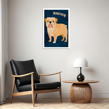 Bonjour Bulldog Dog Poster Wall Art Print French Style Cute Pet Decor Blue Background Unique Gift for Dog Lovers