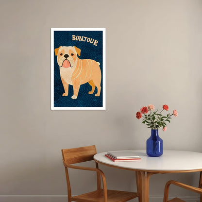 Bonjour Bulldog Dog Poster Wall Art Print French Style Cute Pet Decor Blue Background Unique Gift for Dog Lovers