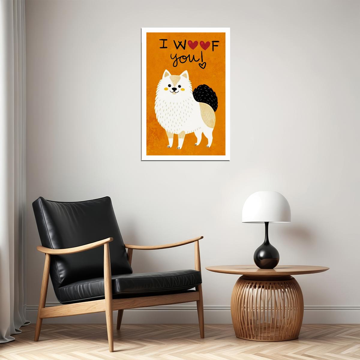 I Woof You Pomeranian Dog Poster Wall Art Print Adorable Pet Decor Orange Background Heartfelt Gift for Dog Lovers - xonomax