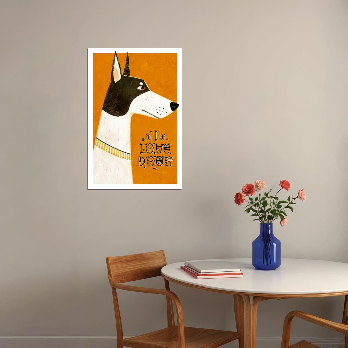 I Love Dogs Dog Poster Wall Art Print Minimalist Pet Decor Bright Orange Background Fun Gift for Dog Enthusiasts