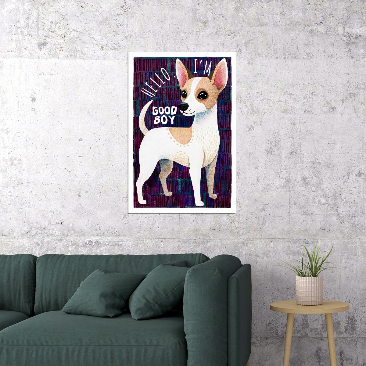 Good Boy Chihuahua Dog Poster Wall Art Print Playful Pet Decor Purple Background Fun Gift for Dog Enthusiasts