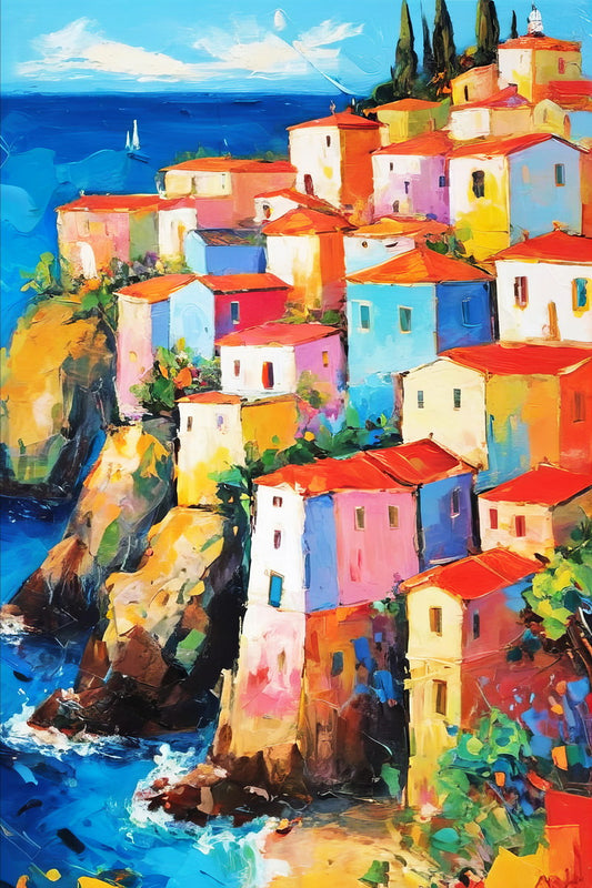 Colorful Mediterranean Village Poster Wall Art Print Scenic Coastal Landscape Decor Vintage Travel-Inspired Artwork - xonomax