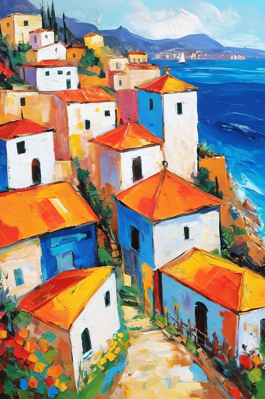 Vibrant Seaside Houses Poster Wall Art Print Mediterranean Landscape Decor Colorful Coastal Scene for Travel Lovers - xonomax