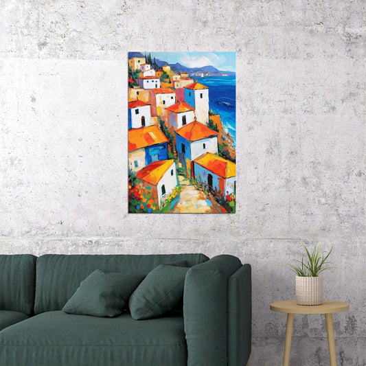 Vibrant Seaside Houses Poster Wall Art Print Mediterranean Landscape Decor Colorful Coastal Scene for Travel Lovers - xonomax