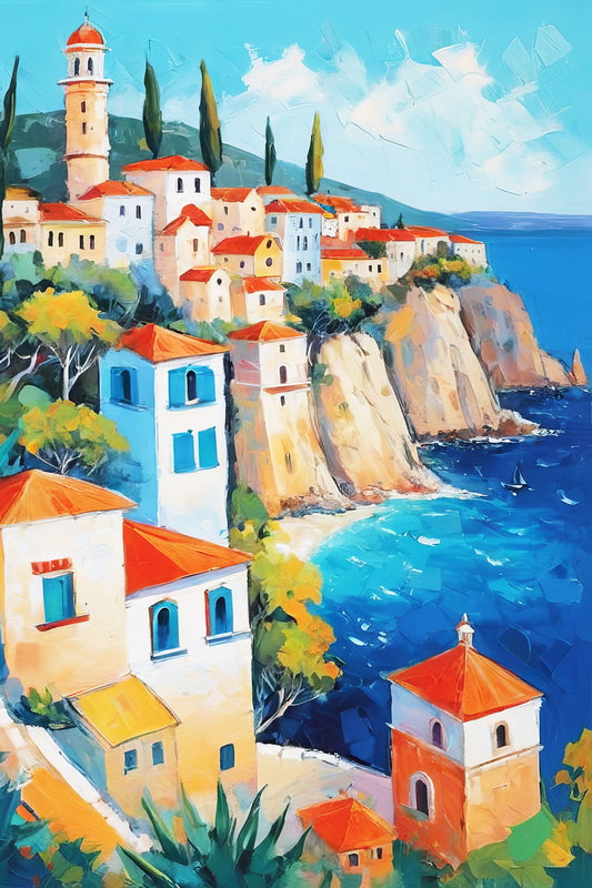 Mediterranean Cliffside Town Poster Wall Art Print Coastal Landscape Decor Bright Colors and Vintage Vibe Perfect for Home Decor - xonomax