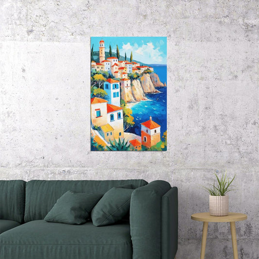 Mediterranean Cliffside Town Poster Wall Art Print Coastal Landscape Decor Bright Colors and Vintage Vibe Perfect for Home Decor - xonomax