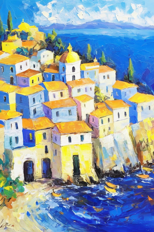 Sunny Coastal Village Poster Wall Art Print Mediterranean Landscape Colorful Scenic Decor Perfect for Travel Enthusiasts - xonomax