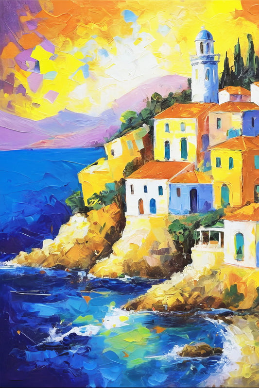 Sunset Over Mediterranean Town Poster Wall Art Print Vibrant Coastal Landscape Decor Colorful Vintage Style for Living Room - xonomax