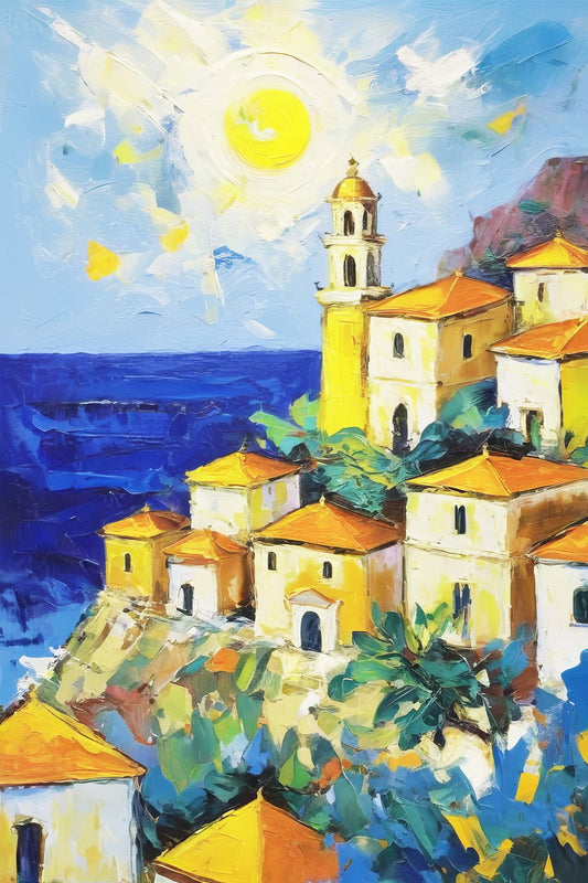 Sunny Village Hillside Poster Wall Art Print Mediterranean Coastal Decor Colorful Vintage Travel-Inspired Artwork - xonomax