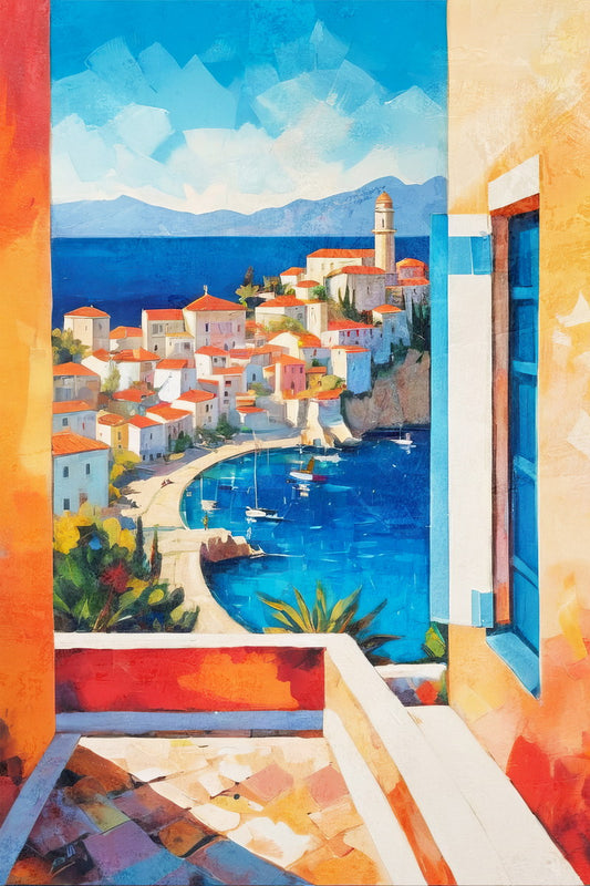 Mediterranean Window View Poster Wall Art Print Scenic Landscape Decor Warm Colors Coastal Charm Ideal for Bedroom Decor - xonomax