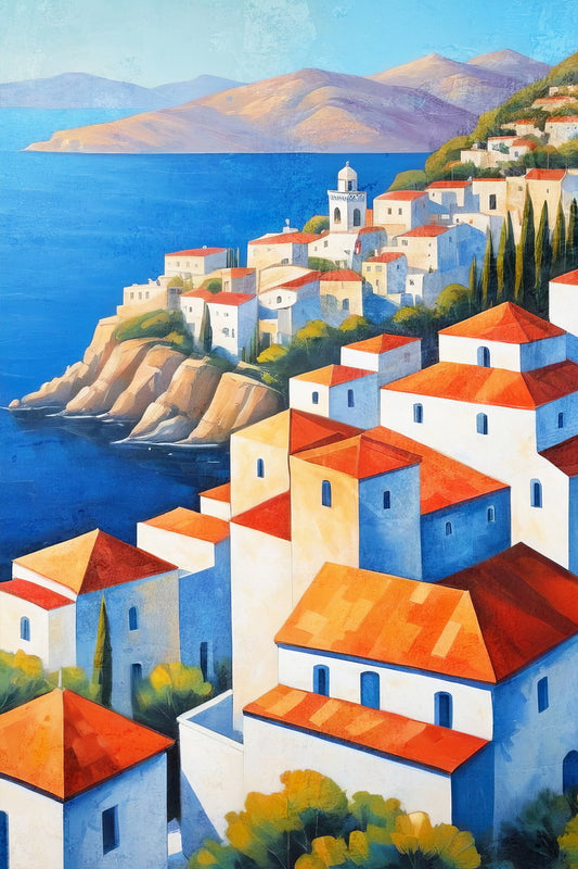 Classic Mediterranean Village Poster Wall Art Print Bright Coastal Landscape Colorful Vintage Style for Travel Lovers - xonomax