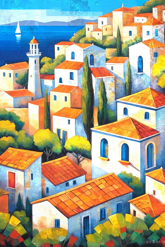 Colorful Coastal Homes Poster Wall Art Print Mediterranean Style Decor Scenic Travel Art with Village View - xonomax