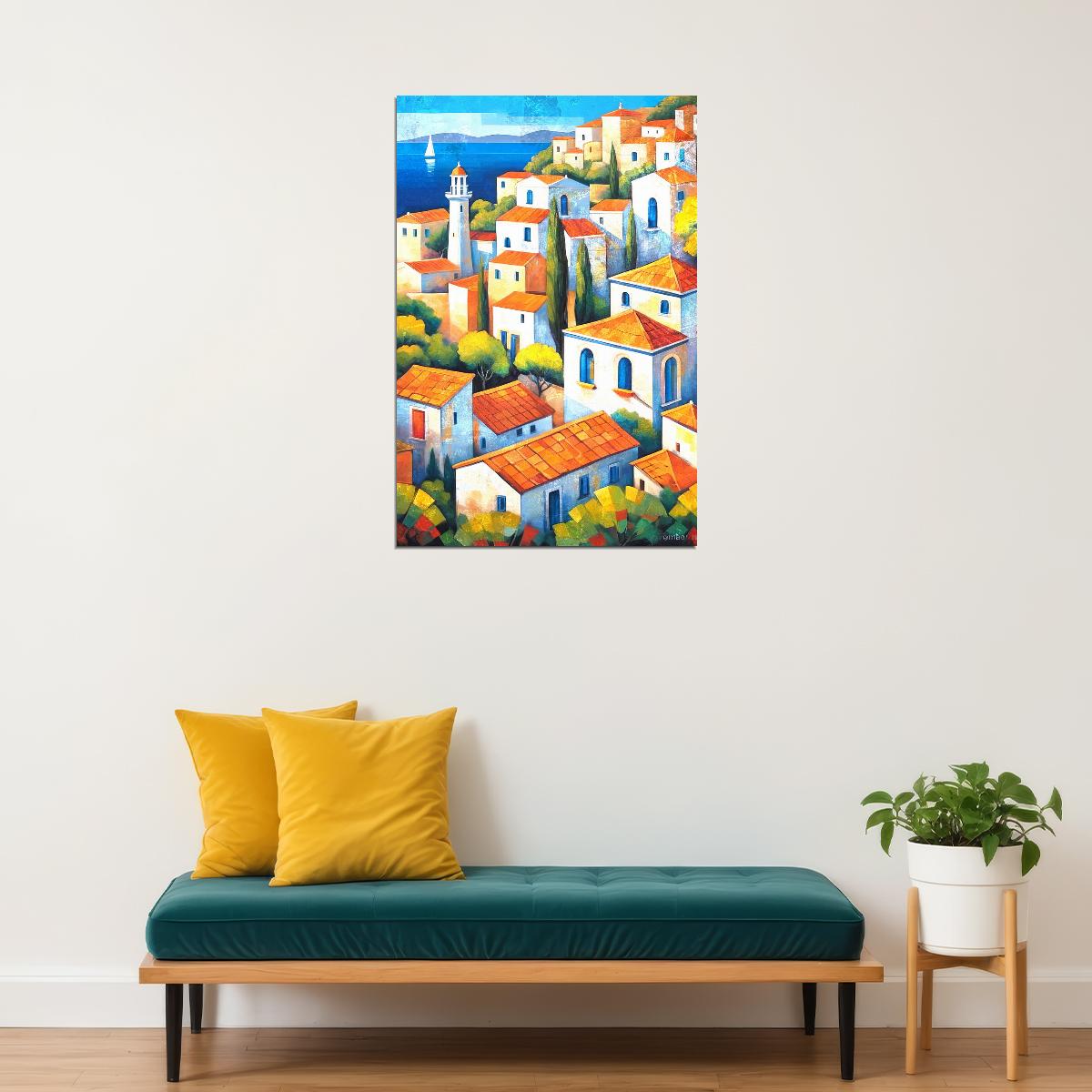 Colorful Coastal Homes Poster Wall Art Print Mediterranean Style Decor Scenic Travel Art with Village View - xonomax