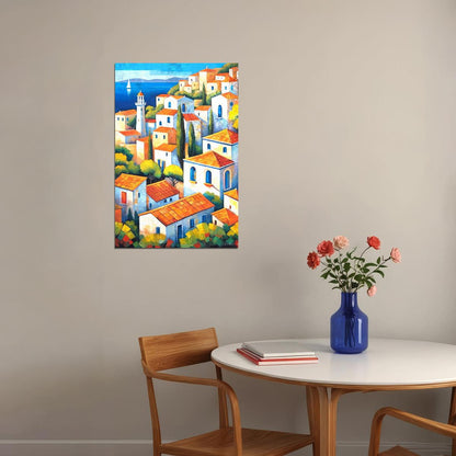 Colorful Coastal Homes Poster Wall Art Print Mediterranean Style Decor Scenic Travel Art with Village View - xonomax