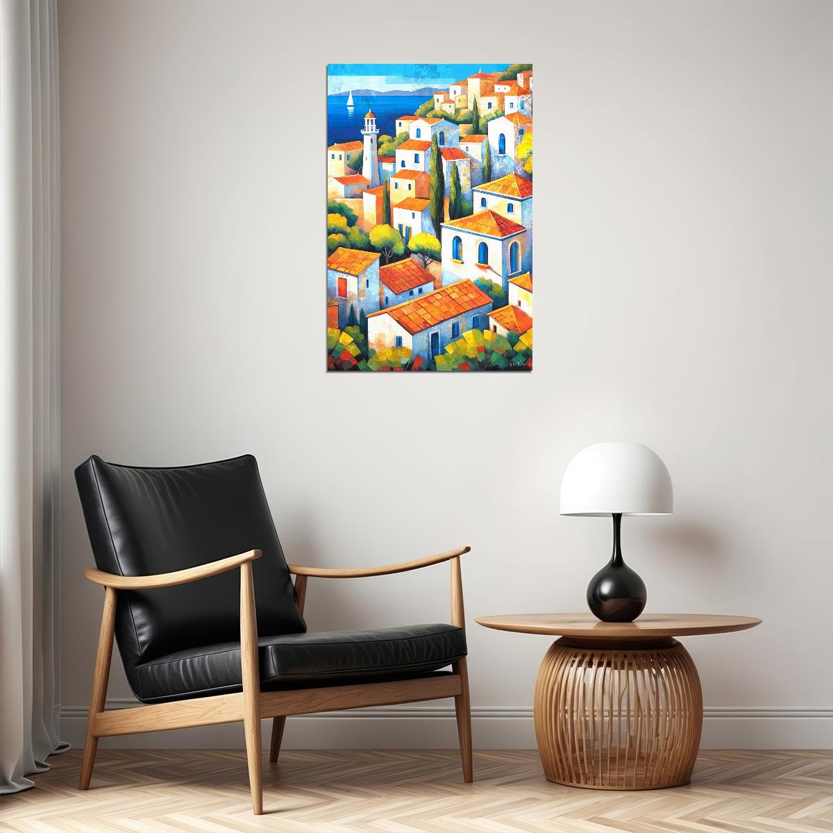 Colorful Coastal Homes Poster Wall Art Print Mediterranean Style Decor Scenic Travel Art with Village View - xonomax