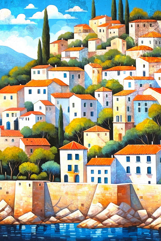 Hillside Mediterranean Town Poster Wall Art Print Scenic Landscape Decor Vibrant Colors Perfect for Travel-Inspired Decor - xonomax