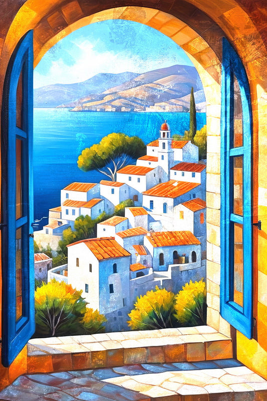 Window to the Mediterranean Poster Wall Art Print Scenic Village Landscape Decor Colorful Vintage Style for Home Decor - xonomax