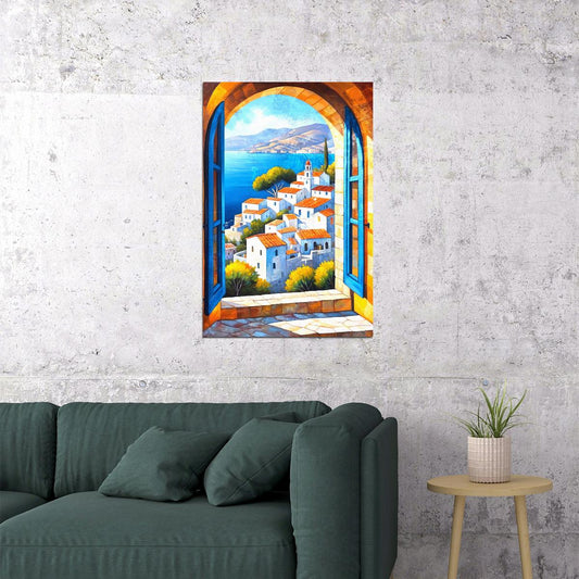 Window to the Mediterranean Poster Wall Art Print Scenic Village Landscape Decor Colorful Vintage Style for Home Decor - xonomax