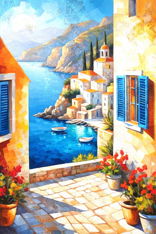 Mediterranean Window View Poster Wall Art Print Colorful Coastal Landscape Decor Scenic Village Blue Accents Vintage Travel Style - xonomax