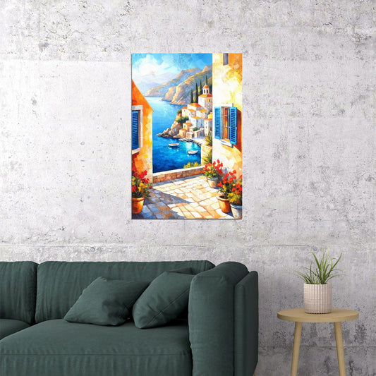 Mediterranean Window View Poster Wall Art Print Colorful Coastal Landscape Decor Scenic Village Blue Accents Vintage Travel Style - xonomax
