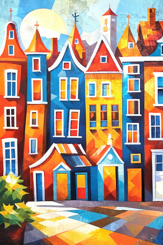 Charming Dutch Houses Poster Wall Art Print Colorful Canal Scene Decor Bold Red Blue Architecture Classic European Travel Style - xonomax