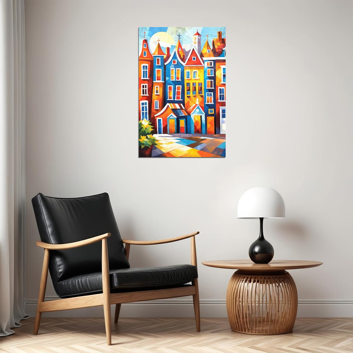 Charming Dutch Houses Poster Wall Art Print Colorful Canal Scene Decor Bold Red Blue Architecture Classic European Travel Style - xonomax