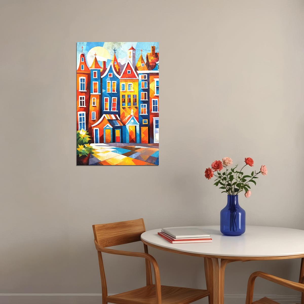 Charming Dutch Houses Poster Wall Art Print Colorful Canal Scene Decor Bold Red Blue Architecture Classic European Travel Style - xonomax