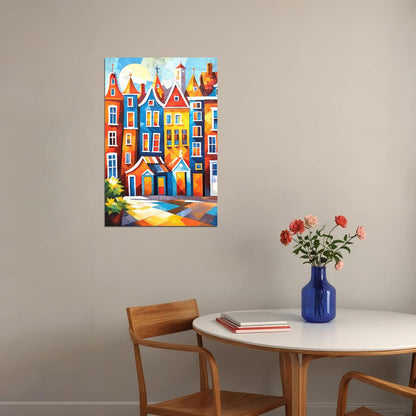 Charming Dutch Houses Poster Wall Art Print Colorful Canal Scene Decor Bold Red Blue Architecture Classic European Travel Style - xonomax