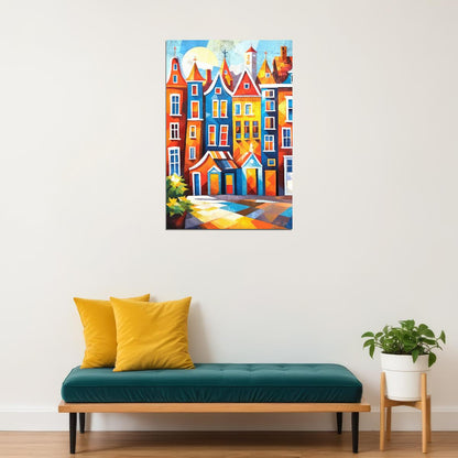 Charming Dutch Houses Poster Wall Art Print Colorful Canal Scene Decor Bold Red Blue Architecture Classic European Travel Style - xonomax