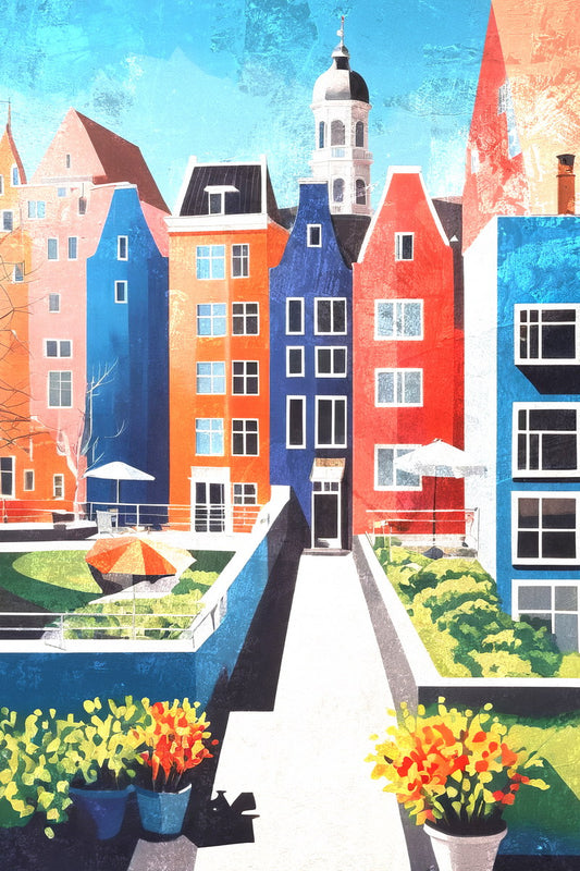 Colorful Canal Houses Poster Wall Art Print Vibrant European Architecture Decor Bright Blue Pink Accents Artistic Cityscape - xonomax