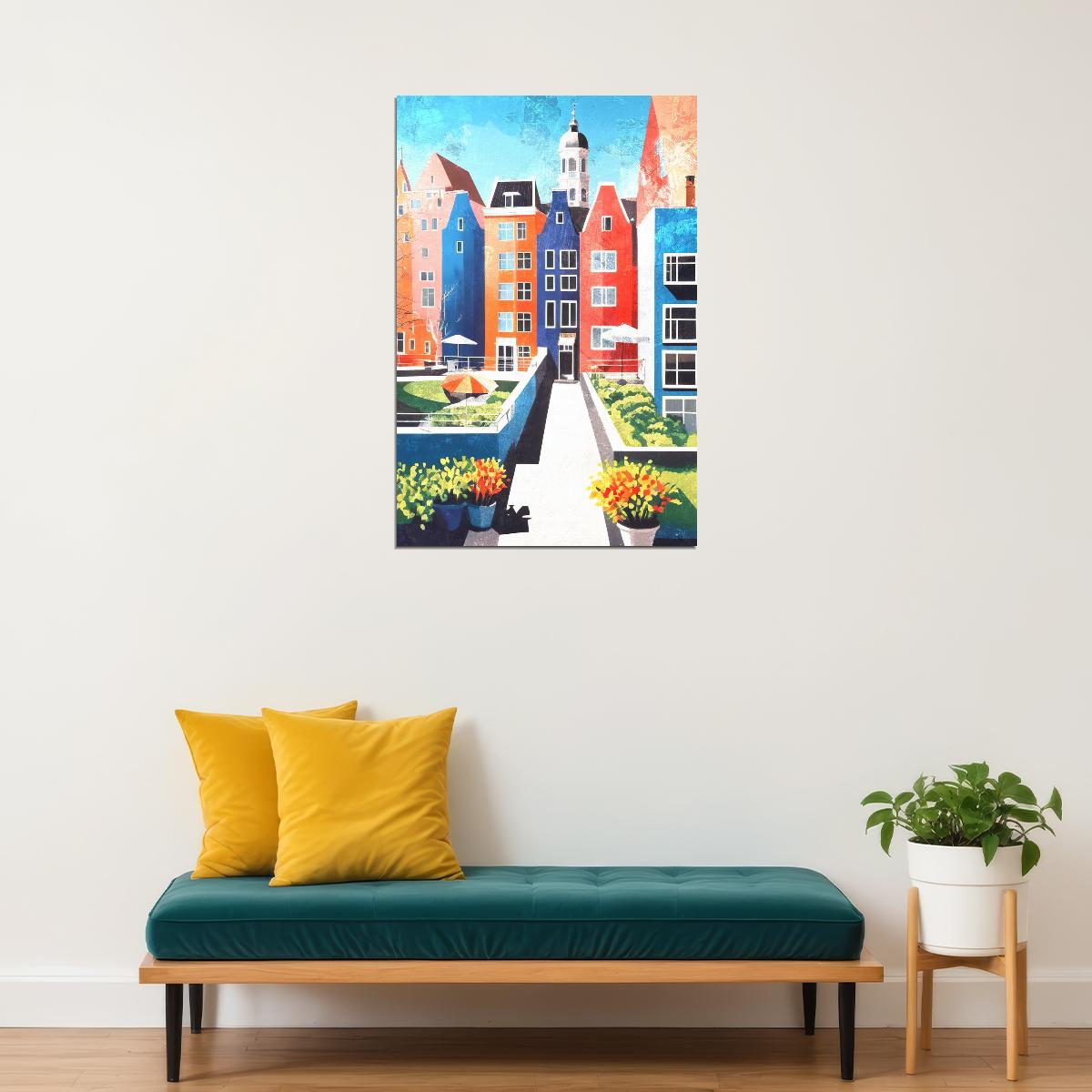 Colorful Canal Houses Poster Wall Art Print Vibrant European Architecture Decor Bright Blue Pink Accents Artistic Cityscape - xonomax