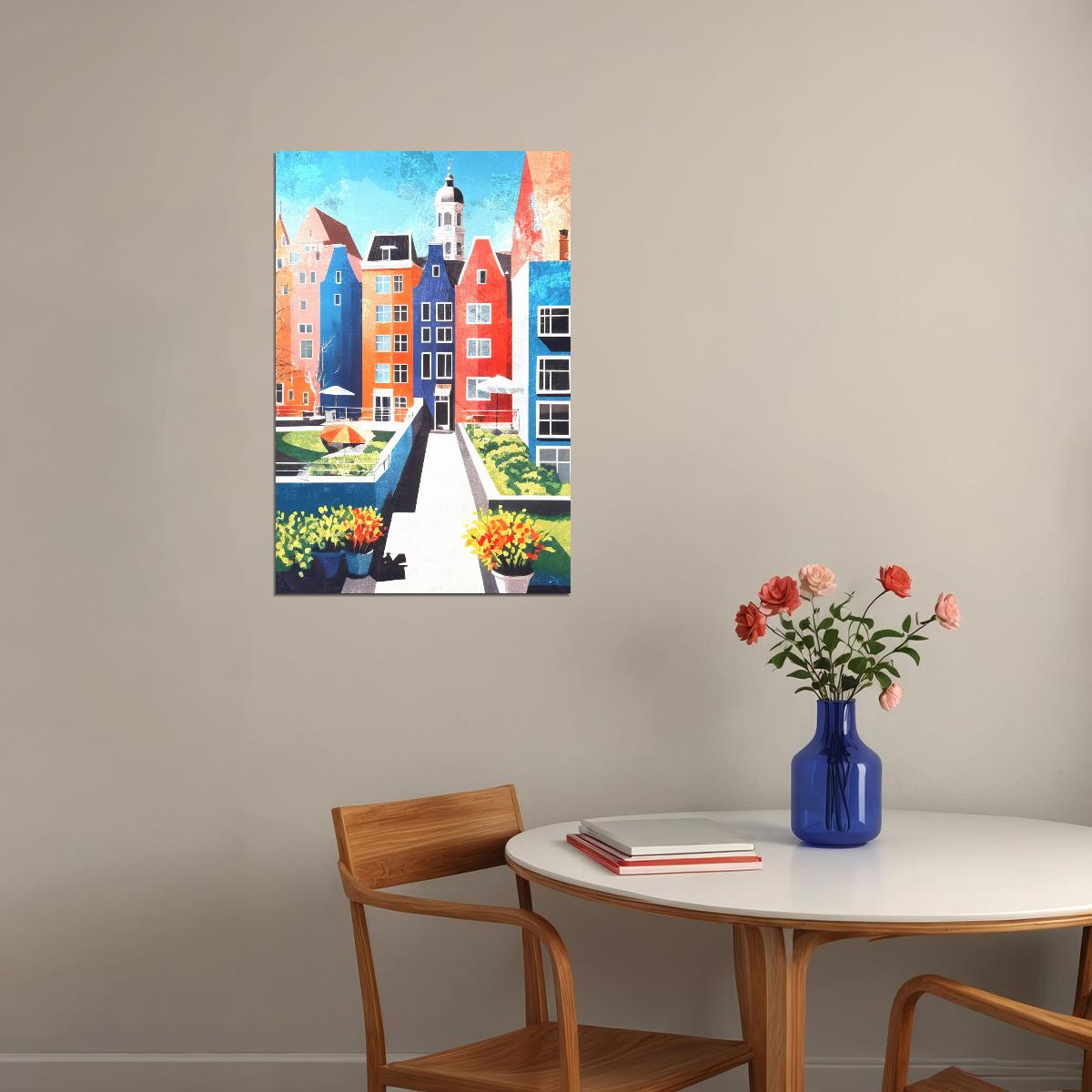 Colorful Canal Houses Poster Wall Art Print Vibrant European Architecture Decor Bright Blue Pink Accents Artistic Cityscape - xonomax