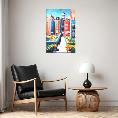 Colorful Canal Houses Poster Wall Art Print Vibrant European Architecture Decor Bright Blue Pink Accents Artistic Cityscape - xonomax