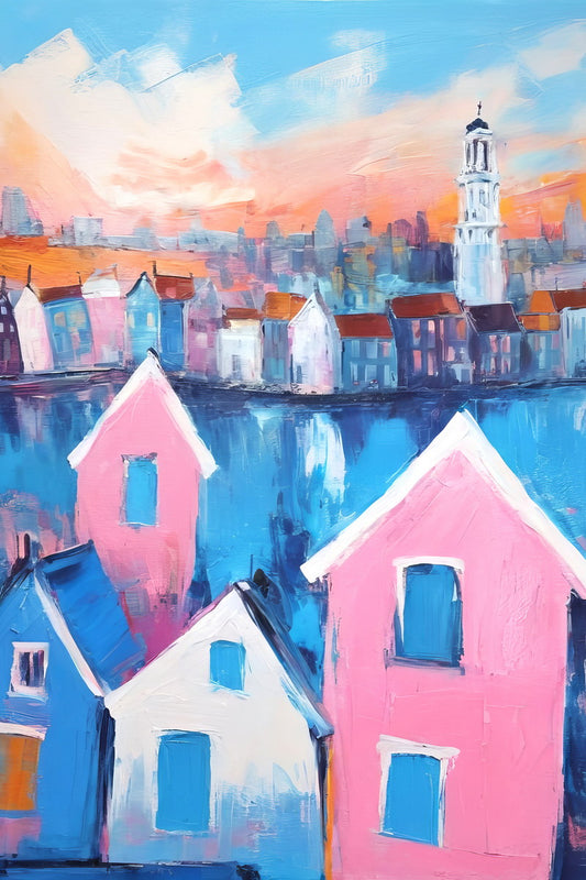 Pink Blue Canal Houses Poster Wall Art Print Preppy European Style Colorful Decor Coquette Travel Enthusiasts - xonomax