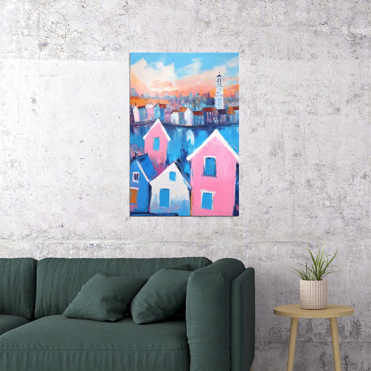 Pink Blue Canal Houses Poster Wall Art Print Preppy European Style Colorful Decor Coquette Travel Enthusiasts - xonomax