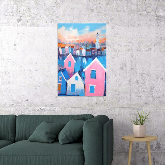 Pink Blue Canal Houses Poster Wall Art Print Preppy European Style Colorful Decor Coquette Travel Enthusiasts - xonomax