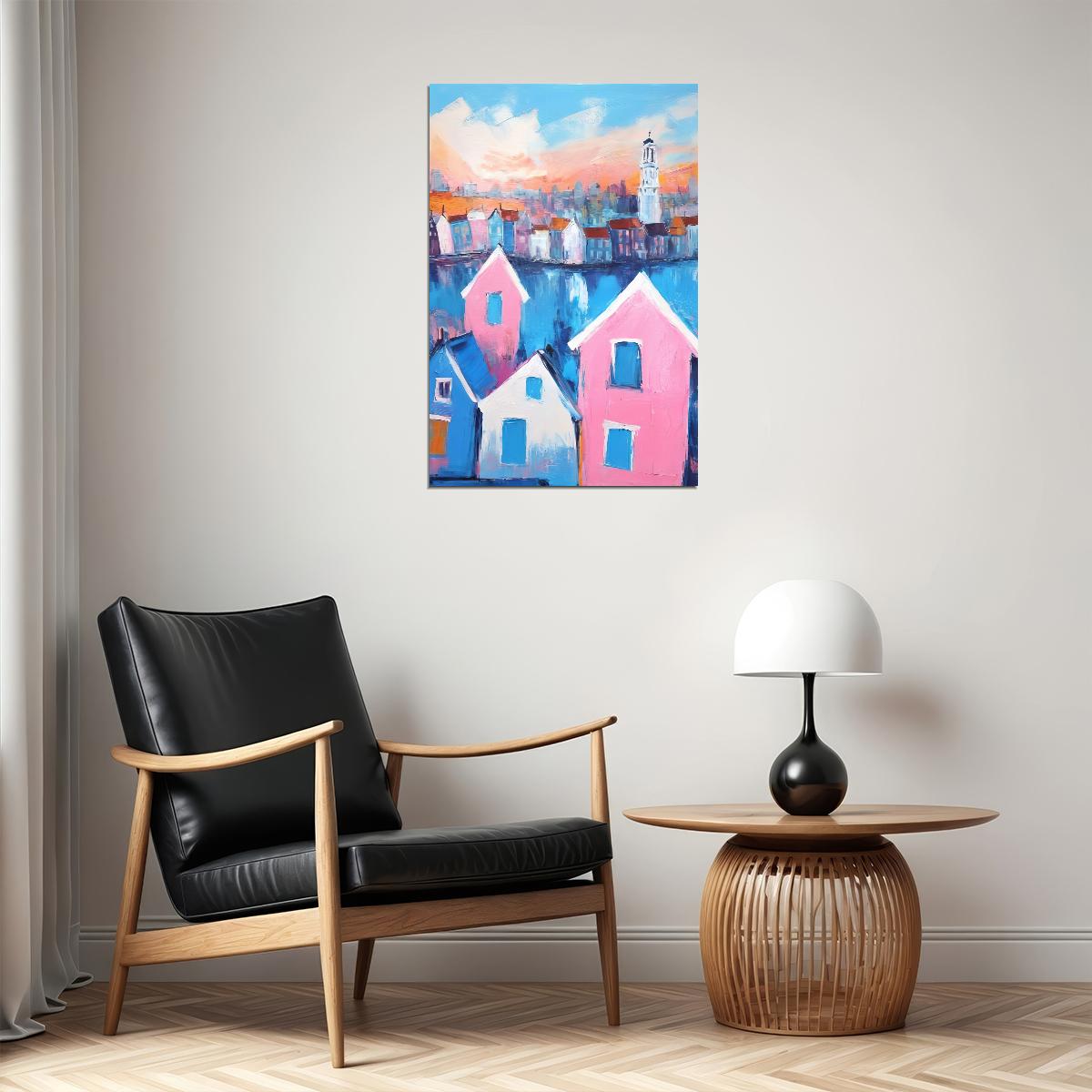 Pink Blue Canal Houses Poster Wall Art Print Preppy European Style Colorful Decor Coquette Travel Enthusiasts - xonomax