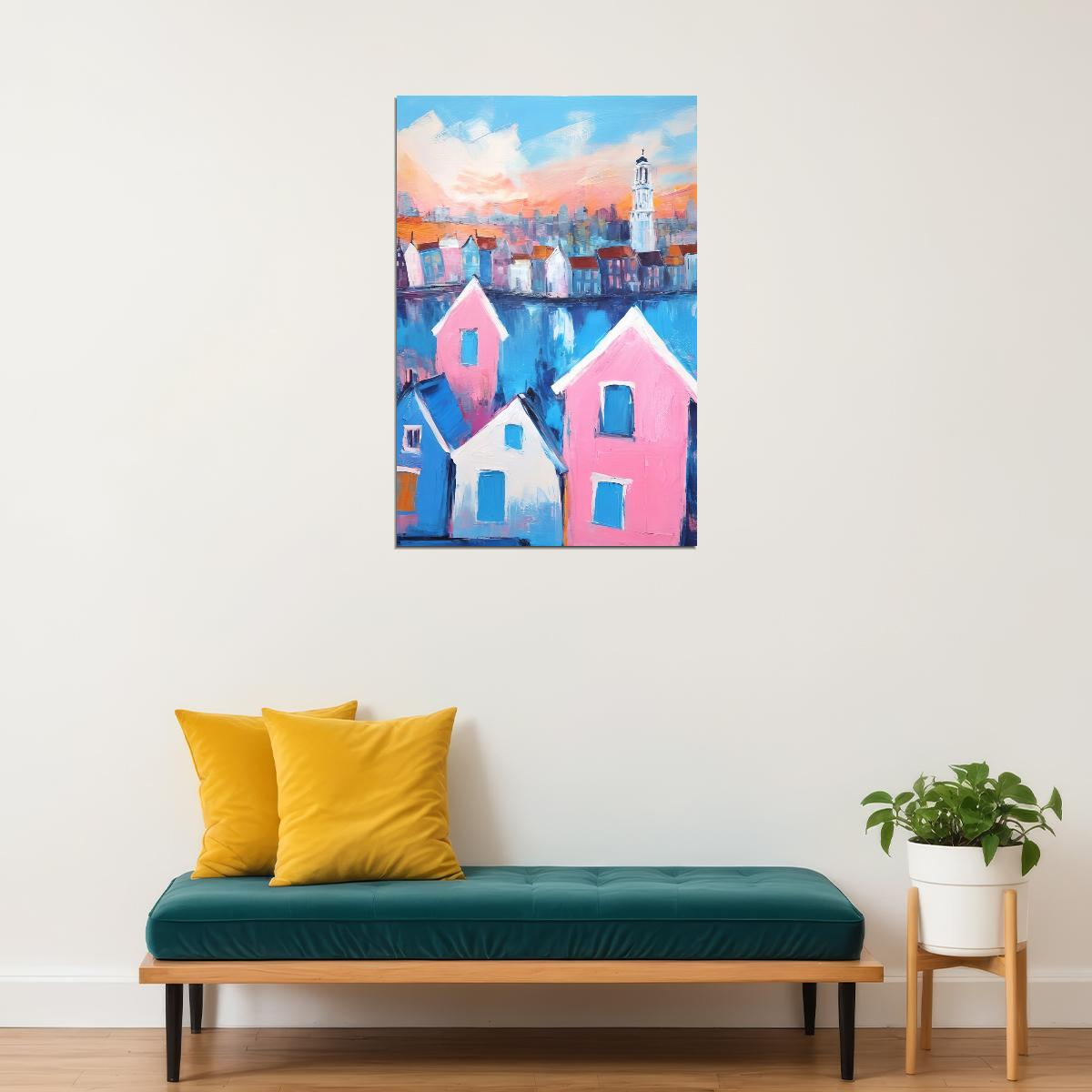 Pink Blue Canal Houses Poster Wall Art Print Preppy European Style Colorful Decor Coquette Travel Enthusiasts - xonomax
