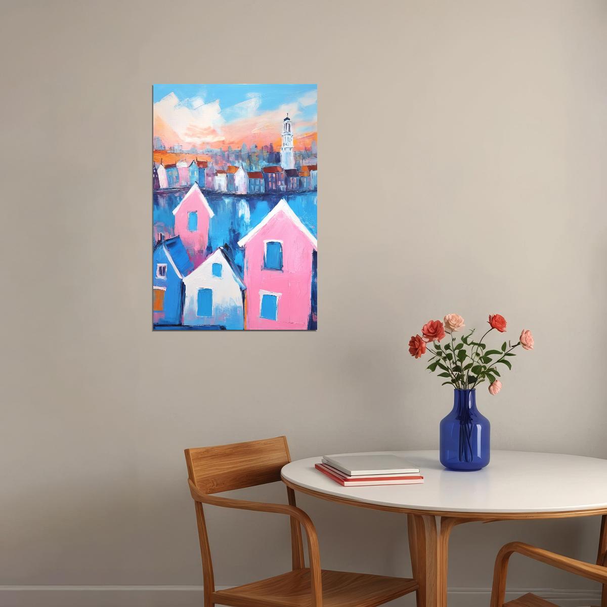 Pink Blue Canal Houses Poster Wall Art Print Preppy European Style Colorful Decor Coquette Travel Enthusiasts - xonomax