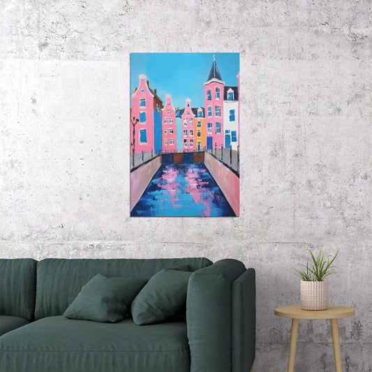 Vibrant Venice Canal Poster Wall Art Print Pink Blue Accents Charming Italian Architecture Perfect Coquette Decor - xonomax